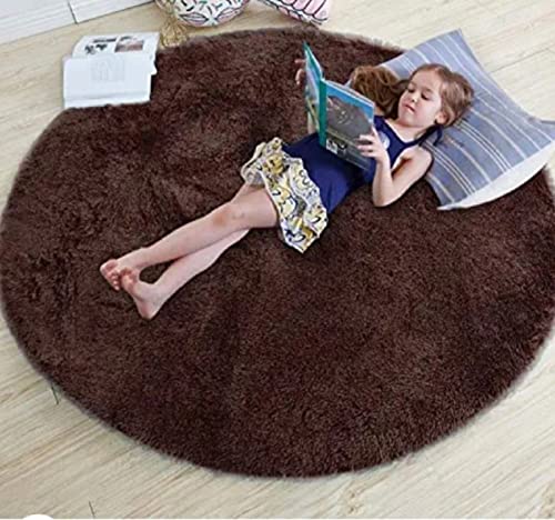 FR Creations Modern Polyester Anti Slip Round Shaggy Fluffy Fur Rug and Carpet for Living Room, Bedroom,Offices, Kitchens(2x2 Feet)-Brown