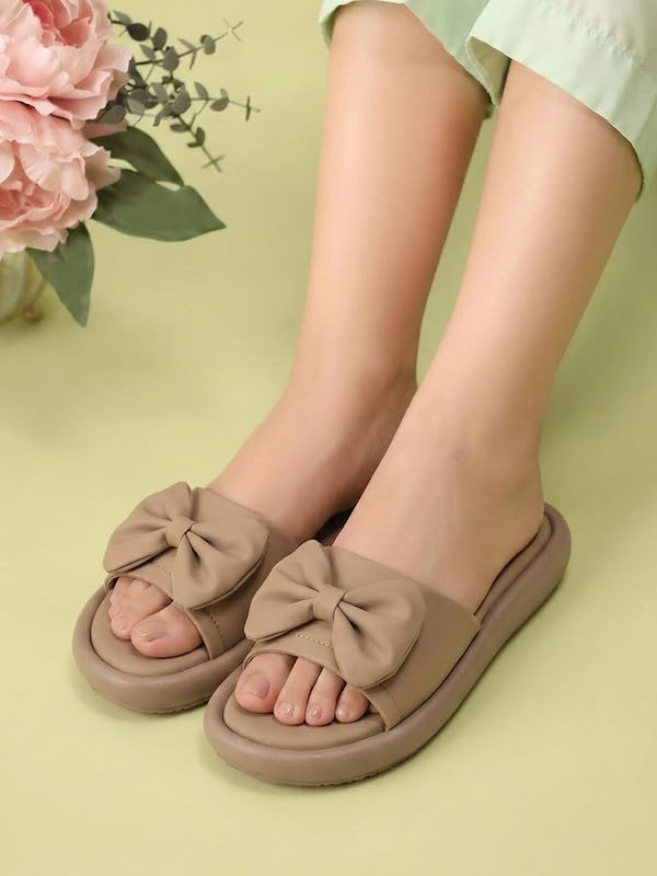 Image of FAUSTO Women Open Toe Bow Design Slip On Sliders | Extra Comfort Cushioned Insole Slippers | Classic Flat Sandals for All Day Long