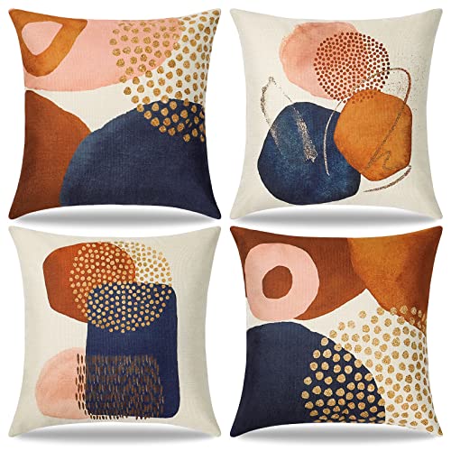 Dremisland Throw Pillow Covers 18x18 Set of 4 Mid Century Modern Decorative Pillowcases Navy Blue Burnt Orange Cushion Covers for Couch Sofa Bedroom Abstract Geometric Home Decor