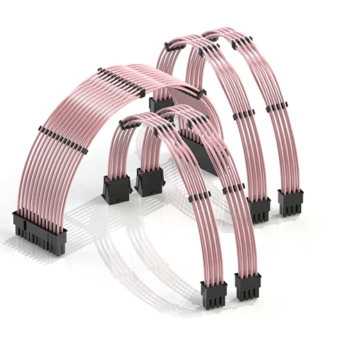 LINKUP - 30cm PSU Cable Extension 18AWG Oxygen Free Copper (OFC) Teflon Jacket Custom Mod GPU PC w/Comb Kit | 1 x 24 P (20+4) | 2 x 8 P (4+4) CPU | 2 x 8 P (6+2) GPU Set | 300mm - Pink