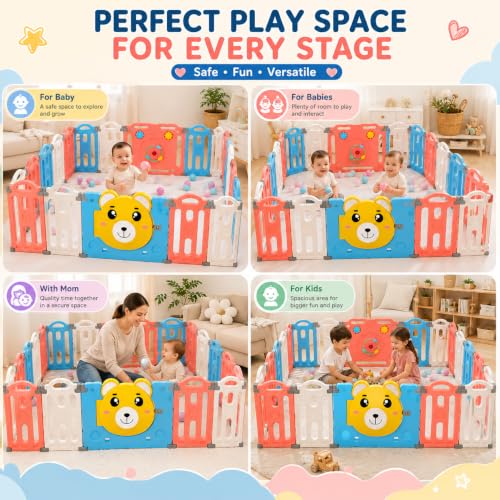 Image of 16 panel Playpen for Babies 0 to 5 year with Mat and Balls Foldable Baby Play Area Indoor Setup Play Yard Fence for Toddlers Kids Playarea Setup Outdoor Children Play Pen with Gate Baby Playpen (4.9 x 6.2 ft=31 SQFT, Multicolor)