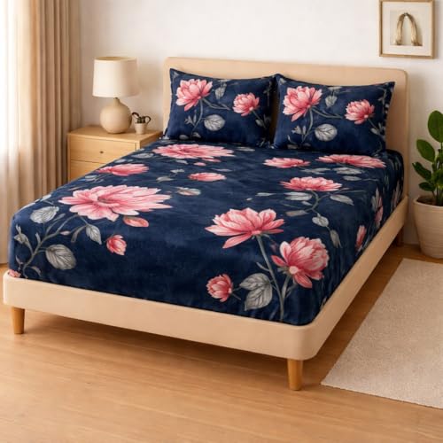 Image of Rome Warm Flannel Fitted Bedsheet with 2 Pillow Covers - 155 GSM Soft Bedsheet Set with Elastic Deep Pocket 90x100+10 Inches for Double Bed, AC Room & All Season Comfort -Blue