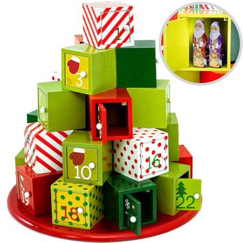 Spielwerk® Calendrier de l'Avent en bois réutilisable 'Montagne de cadeaux' 24 tiroirs à remplir individuel Déco Noël intérieur Idée Cadeau