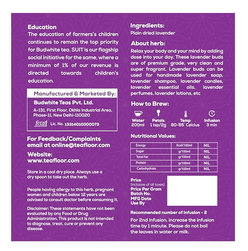 Image of TEAFLOOR - Dried Premium Lavender Flower Tea Pack of 2 | Natural, Herbal ,Pure | Caffeine free| Sun Dried Flower Buds | From The Farms Of KASHMIR |Net Weight : 70 Gram (70+ Cups)| Hot & Iced Tea, Flavored Syrups, Cocktails, Herbal Soap Making & Infusion ||