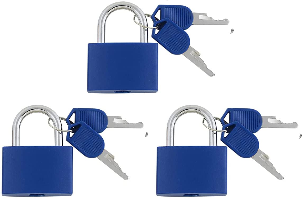 3 Pc Metal Padlock Solid Brass Luggage, Backpack, Diary, Jewelry Box, Crafts, School Teaching Lock with Key and Durable Cover (Medium, Navy Blue)