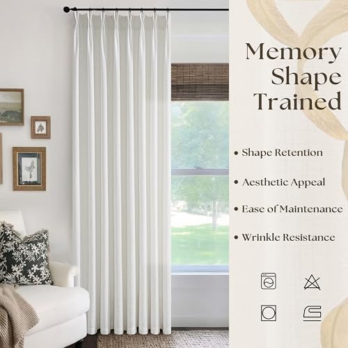 Image of Pinch Pleated Linen Beige White Curtains 96 Inches Long for Living Room | Light Filtering, Pinch Pleat, Hooks Rings, Back Tab, Neutral, Boho, Farmhouse, Drapes for Bedroom, Large , 1 Panel, Birch