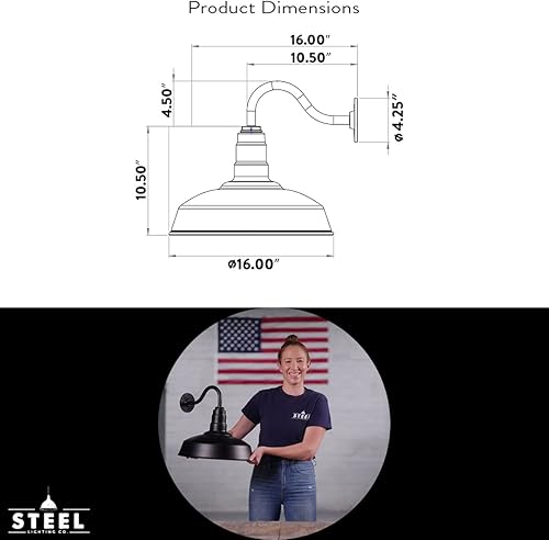 Miniatura 10 de Steel Lighting Co. Gardena - Luz de granero  Montaje en pared al aire libre  Cúpula de 16 pulgadas  Cuello de cisne de 23 pulgadas  Luz de granja