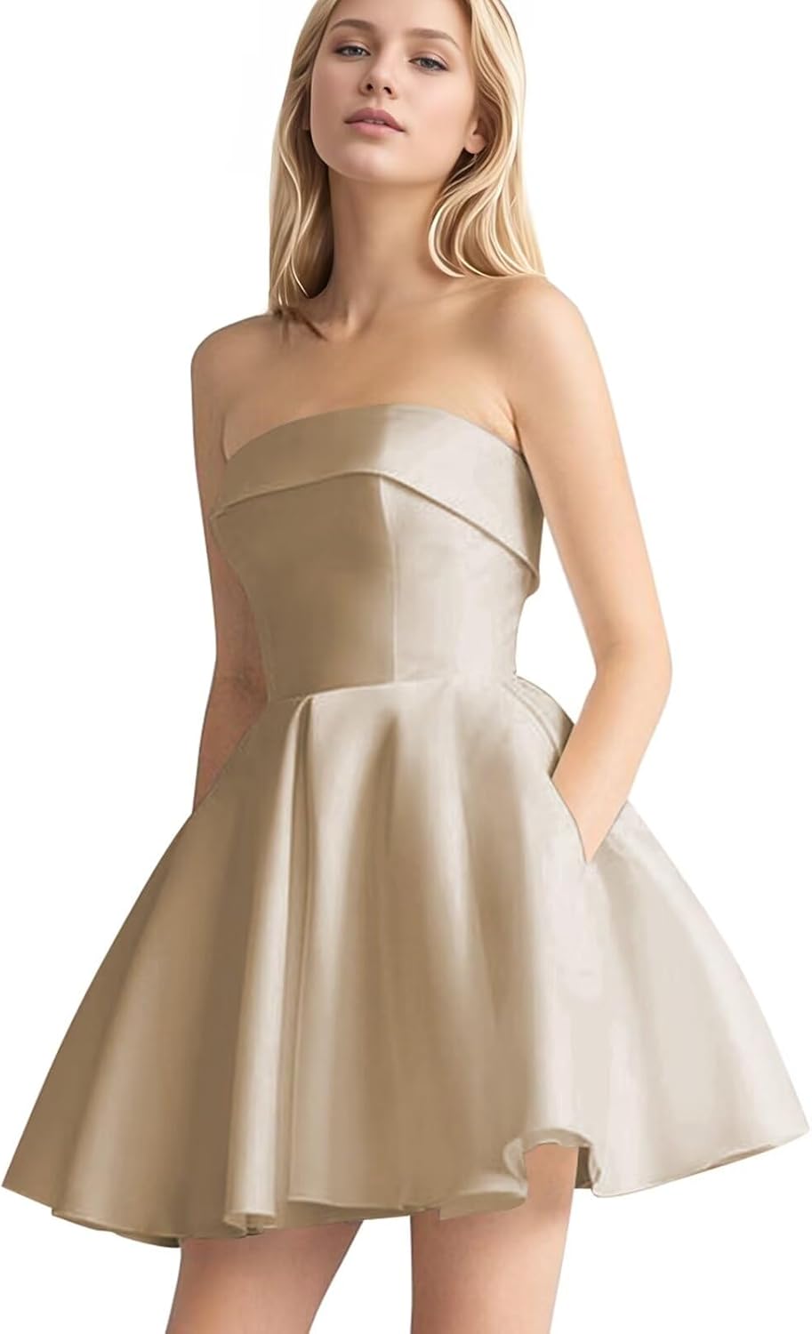 Leeskoot Satin Homecoming Dresses for Teens 2025 Strapless Short Prom Dress A Line Formal Cocktail Evening Gown with Pockets