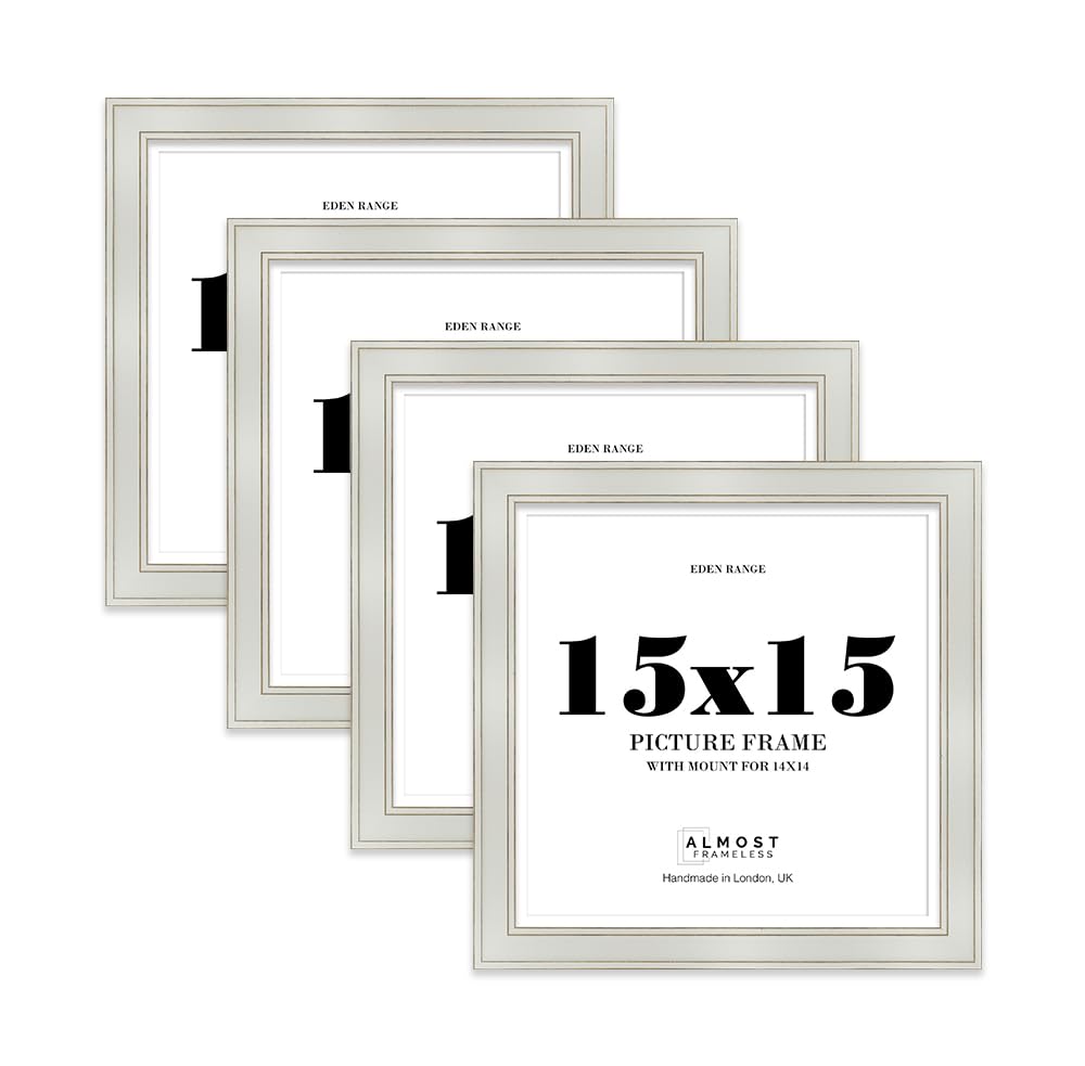 15x15" Light Grey Square Picture Frame with 14x14" Mount - Shabby Chic Photo Frame with Distressed Finish, Gold Trim, Wall Hooks, 37mm Edge - 4 Pack