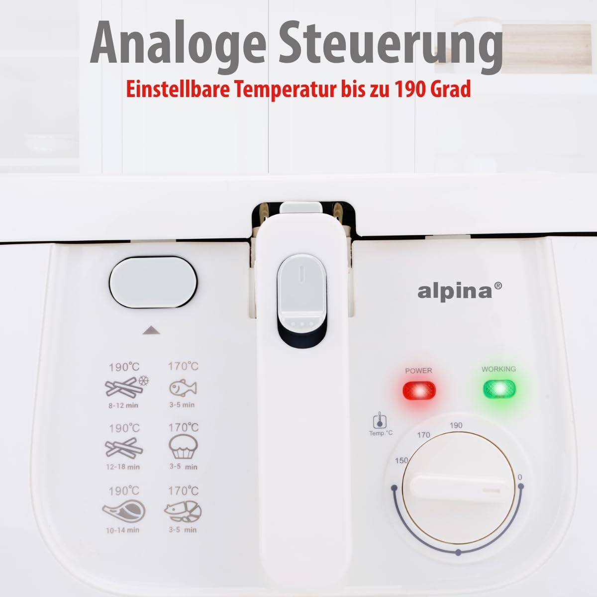 alpina Friteuse 2,5L DF-165 - Friteuse mit Fett 1800W - Einstellbare Temperatur bis 190°C - für 2 bis 3 Personen - mit Antihaftbeschichtung und Kontrollleuchte - Weiß, Weiss