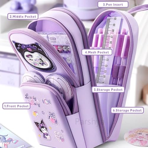 Image of Parshya Cute Pencil Pouch for Kids Large Capacity Capibara /Rabit Design Stationery Organizer Multi-Layer Zipper Pencil Case for School, College&Office Waterproof PU Leather Pouch Gift for Boys & Girls