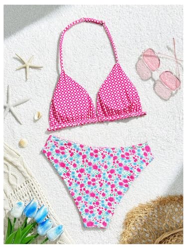 Image of RoseSeek Girl's 2 Piece Swimsuits Floral Gingham Halter Triangle Wireless Bikini Bathing Suit