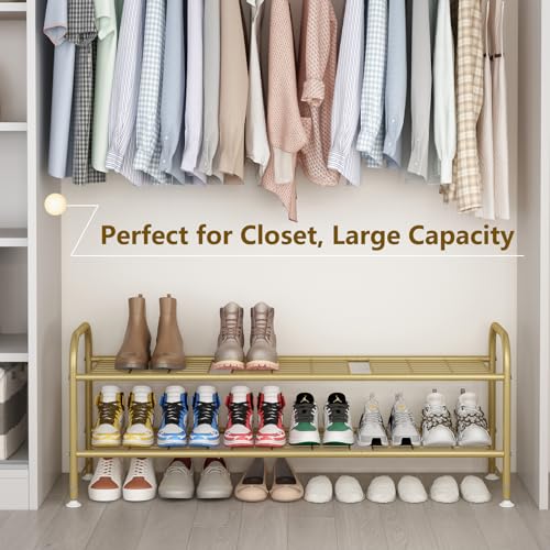 Image of LINZINAR Shoe Rack Long 2 Tier Shoe Storage Organizer Metal Wide Shoe Shelf for Closet Entryway Bedroom 18 Paris Large Capacity, Gold