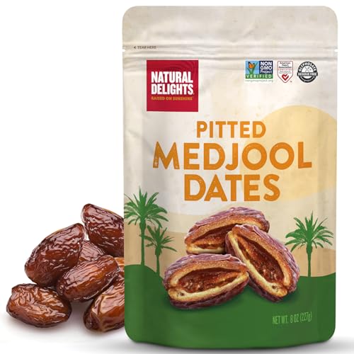 Image of Natural Delights Medjool Dates – Large & Plump Pitted Dates Medjool, Non-GMO Verified, Pesticide Free, Naturally Sweet Fruit Snack, Perfect for On-the-Go - Medjool Dates Pitted, 8 oz Bag