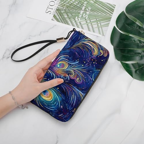 Mystical Peacock Feathers Clutch Wallet Wristlet Long Handbag PU Leather with Card Slots Cash Coin Pocket for Women Men4