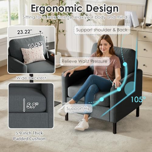 Image of STHOUYN Modern Accent Chairs, Bedroom Chair with Side Pockets, Linen Fabric Living Room Chair, Side Arm Chairs for Apartment, Waiting Room (Dark Grey, 1pc)