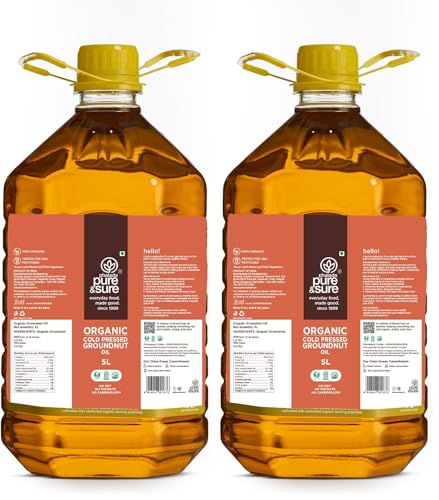 Image of Pure & Sure Organic Cold Pressed Groundnut Oil 5 Ltr | Peanut Oil /Sing Tel Edible for Cooking | Extracted on Wooden Churner | Nutrient Rich & Chemical Free (Pack of 2)