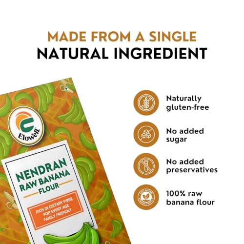 Image of ELOWELL Raw Nendran Banana Flour Pack of 2 , 250g each(500g Total), Kerala Nendran Banana Powder for Adults, Supports Healthy Weight Gain & Cooking, Rich in Fiber, Gluten Free, 100% Natural, No Chemicals (Pack of 2)