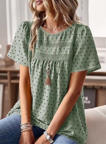 Image of Falechay Womens Summer Tops Crewneck Short Sleeve Shirts Casual Chiffon Blouses Flowy Lace Hem Boho Clothing Trendy 2026