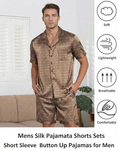 Image of Ekouaer Mens Satin Pajamas Set Button-Down Short /Long Sleeve Shirt Top Soft Silk Sleepwear Loose Pocket Pant Loungewear