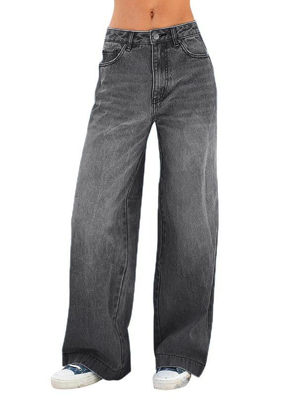 EMMIOL Weite Leg Jeans Damen Straight Mit Mittlerer Bund Hosen im Used-Look Gray XL