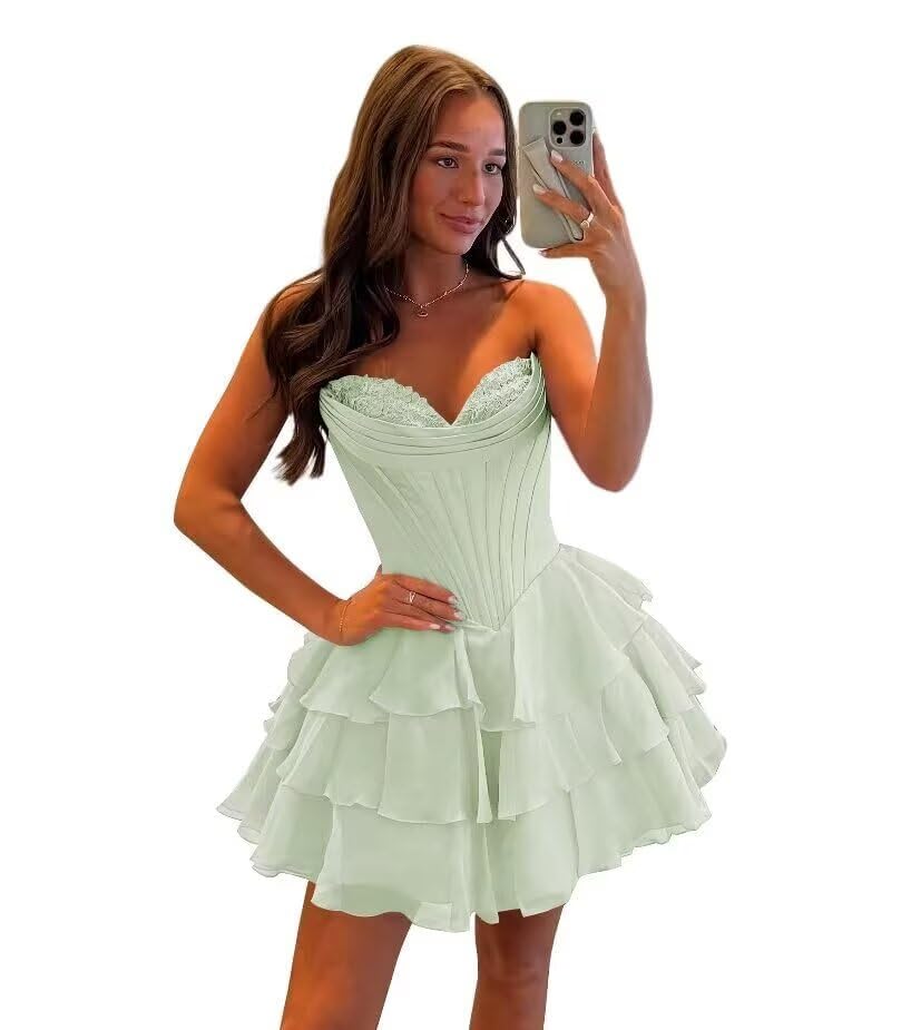 2025 Summer New Strapless Corset Short Homecoming Dresses for Teens Tiered Ruffle Graduation Cocktail Party Dress