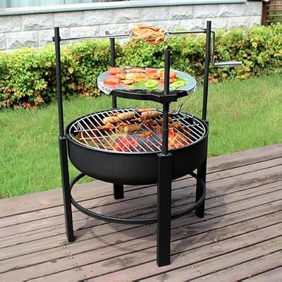 OutVue 26 inch Fire Pit with 2 Grills &1 Rotisserie Kit, Wood Burning Fire Pits for Outside with Poker & Round Waterproof Cover, BBQ& Outdoor Firepit 2 in 1 for Patio, Picnic, Party