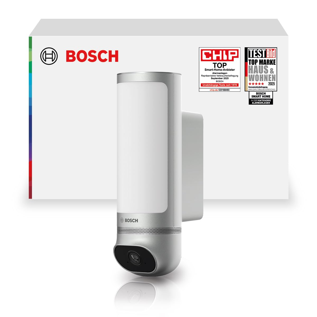 Bosch Smart Home Außenkamera II, Überwachungskamera Außen, 1080p Full-HD Auflösung mit integrierter Alarmsirene und Design-Leuchte, kompatibel mit Amazon Alexa, Silber