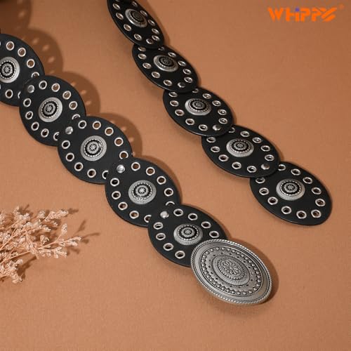 WHIPPY Women Disc Concho Leather Belt Western Cowgirl Hollow Belt Vintage Boho Oval Waist Belt for Music Festival Dress Jeans3