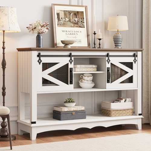 46 in Entryway Table with Cabinet, Farmhouse Console Table with Storage, Rustic Sofa Table with Sliding Barn Doors, Console Table for Entryway, Living Room, Hallway