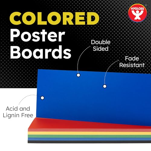 Image of Hygloss Small Colored Poster Board 4x11 - 50 Assorted Standard Color Bulk Pack - Red, Yellow, Green, Blue, Black - 10 Pt. Thickness Poster Board Paper - Posterboard Multipack 4 inch x 11 inch