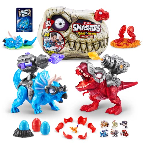 Smashers Dino Island T-Rex Battles (versión roja) por ZURU 50+ Surprises Boys Collectible Dinosaur T-Rex Triceratops Surprise Slime Sand Compounds Discovery