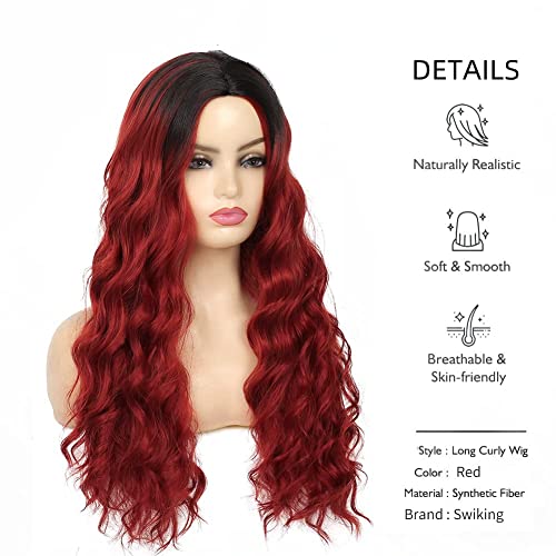 Image of Swiking Ombre Red Long Curly Wigs for Women Wavy Black and Red Wig Natural Synthetic Hair Wig for Cospaly Halloween