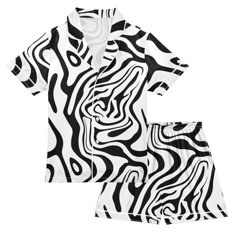 ALAZA Black White Zebra Print Striped Satin Pajamas Set Short Sleeve Button Down Sleepwear Summer Pjs 2 Piece