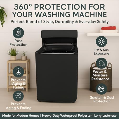 Image of DALUCI Top Load Fully Automatic Washing Machine Cover for 8 Kg, 8.5 Kg, 9 Kg, 9.5 Kg, 10 Kg | Waterproof & Dustproof Polyester Fabric Cover for Washing Machine with Zipper(Black, 63X63X93 CM)