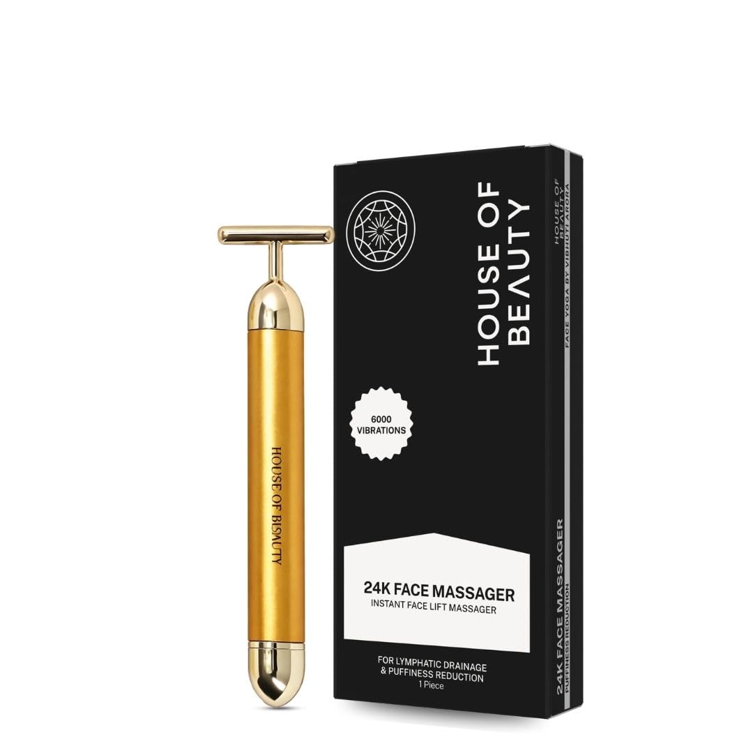 HOUSE OF BEAUTY T Shape Brass Head Bar Face Massager With 24k Battery Powered, 6000 Micro Vibration Facial Massage for Exercise Muscles, Skincare - (Golden)-image-20