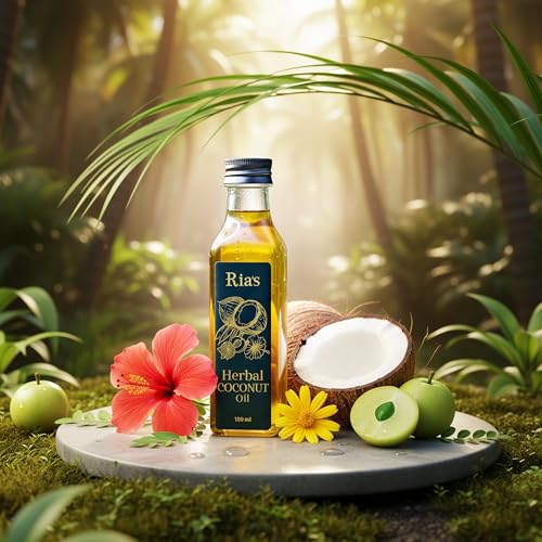 Image of Ria's 9 Herbs Hair Oil for Hair Growth & Hair Fall Control | Handmade Oil with Coconut Milk, Curry Leaf & Amla | For Dry, Damaged, Frizzy Hair | 100% Pure & Natural, Restores Shine | Men & Women-100ml