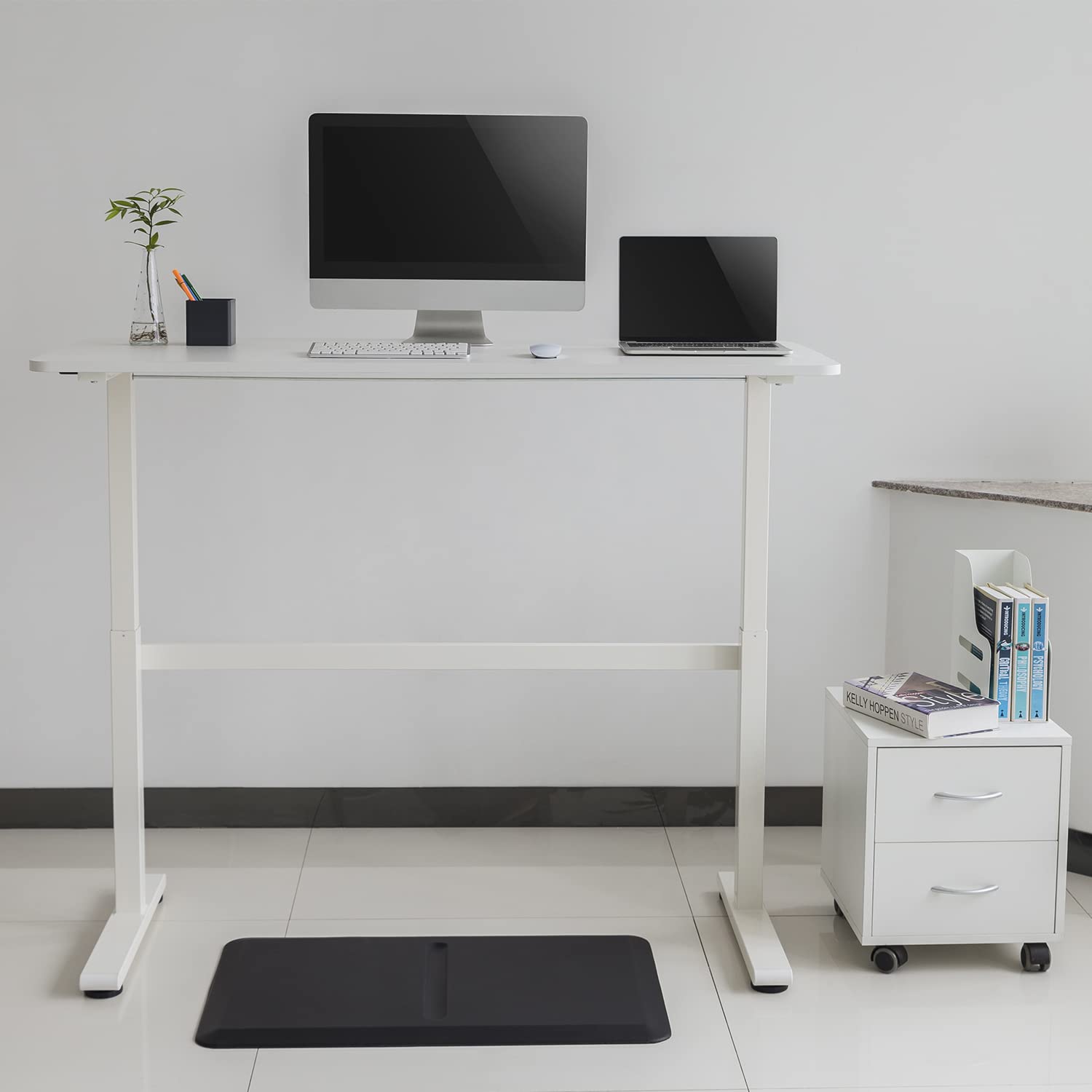 ER-401 Sitz-Steh-Schreibtisch Manuell Höhenverstellbarer Bürotisch Ergonomischer Tisch max. 117cm Belastbar bis 40kg (Weiße Farbe)