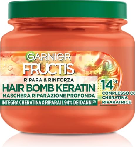 Garnier Fructis, Maschera Rimpolpante, Per Tutti i Capelli Danneggiati, Riparazione Profonda, Per Capelli Più Forti, Con Olio di Marula e Cheratina, Hair Bomb Keratin, Ripara&Rinforza, 320 ml