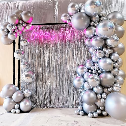 Image of Voircoloria 130pcs Metallic Silver Balloons Different Sizes 18 inch 12 inch 10 inch 5 inch Chrome Silver Balloon Garland Arch Kit for Graduation Birthday Baby Shower Wedding Anniversary New Year Party Decorations