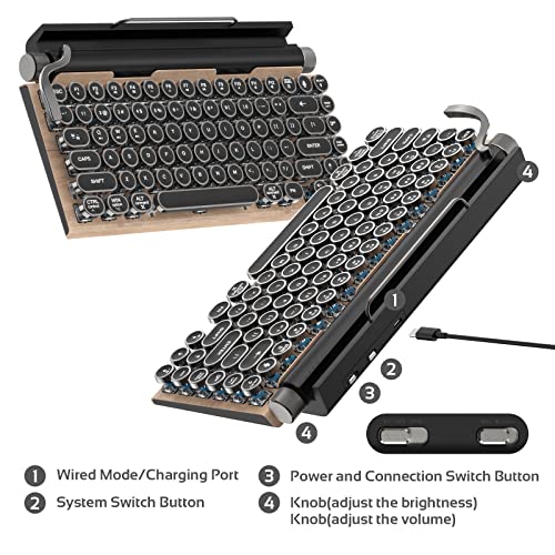 Taiahiro Wired & Wireless Retro Multi-Device Mechanical Typewriter, Compact 80% Layout Keyboard, Hotswappable, Bluetooth 5.0, Round Keycaps, Led Backlit, For Windows/Macos/Android/Linux, Blue Switch #TOP4