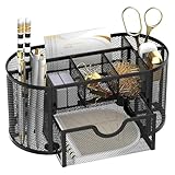 SUPEASY Mesh Desk Organizer, Desk Accessories & Workspace Organizers with Drawers, Pencil Holder for Desk with 9 Compartments for Office Supplies, 8.6 x 4.3 x 4.1 Inch, Black