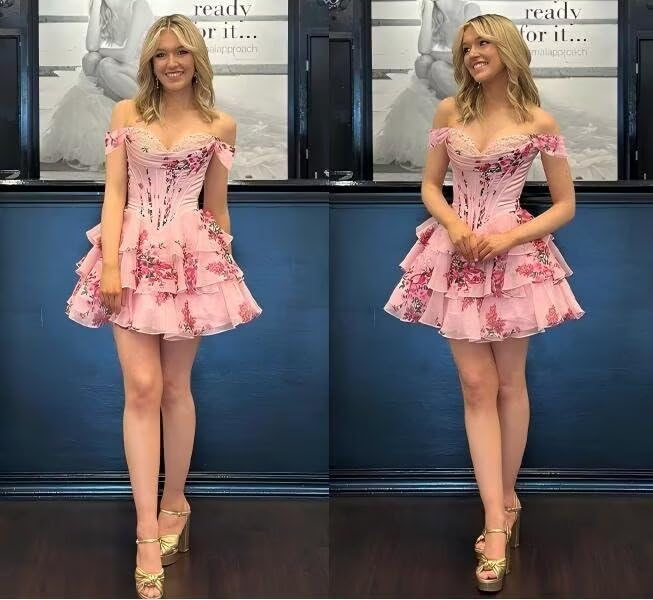 Miao Duo Floral Off Shoulder Short Homecoming Dresses 2025 Lace Tiered Chiffon A Line Cocktail Party Dress YZTS2734