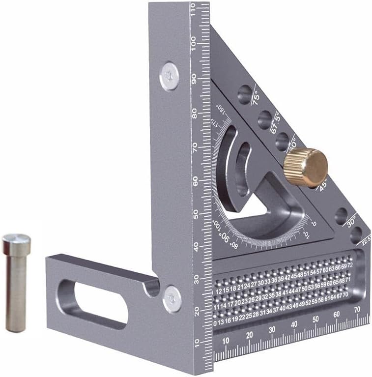 Multi-Angle Set Square with Angle Positioning Dowel Pin and T-Square Scribing Holes – 0° to 180° Adjustable Triangle Ruler DIY, Carpentry & Drafting (1-Pack)(C)