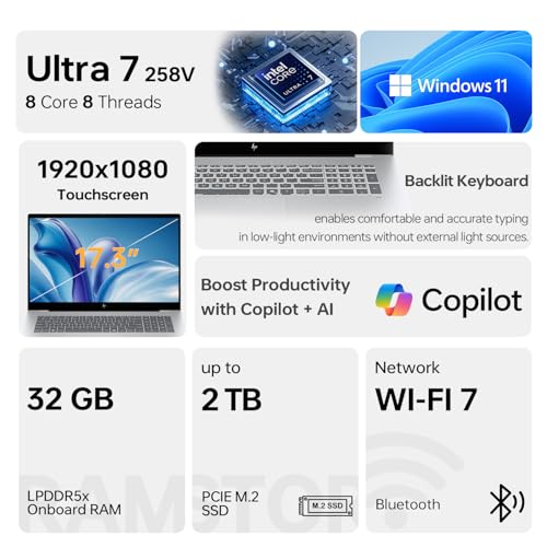 HP OmniBook(Envy Next Brand) 7 Laptop for Professional Workflows, 17.3" FHD Touchscreen, Intel Core Ultra 7 258V(> Ultra 7 255U), 32GB DDR5 RAM, 1TB SSD, Wi-Fi 7, Win 11 Pro (Renewed)