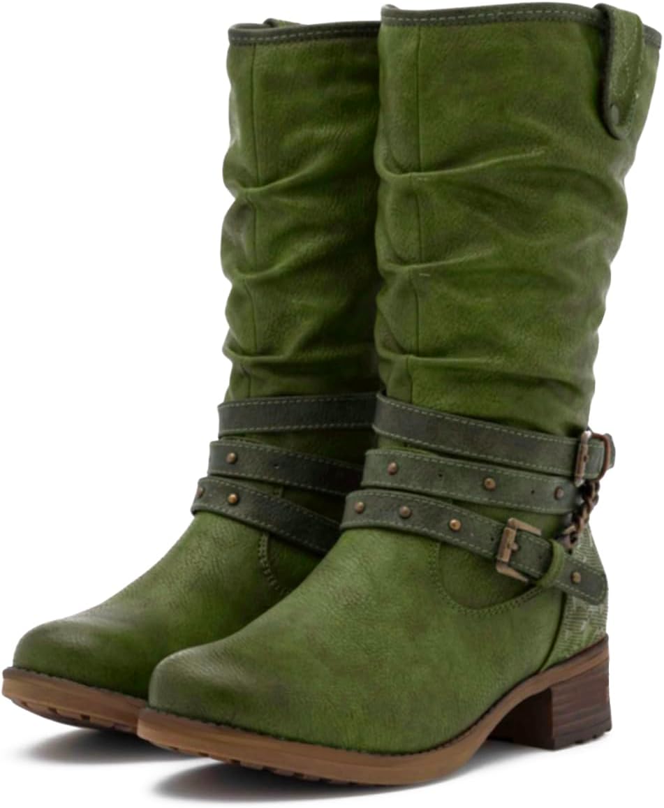 SHODENSE Women Low Chunky Heel Western Mid Calf Boots Slouch Round Toe Side Zipper Pleated Cowboy Boots Buckle Strap Stacked Heels Burnished Short Riding Boots Gold Chain Dressy Vintage Fall 4-11 M US