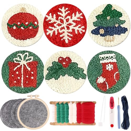 6PCS Christmas Pattern Punch Needle Coasters Kit, Easy DIY Punch