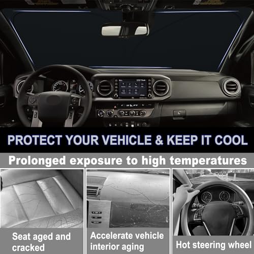 Image of Windshield Sun Shade for 2016-2023 Toyota Tacoma Accessories| Front Window Sun Visor| 310T Reflective Polyester| UV Heat Insulation Protection| Foldable Sunshade with Storage Pouch| Outdoor Camping