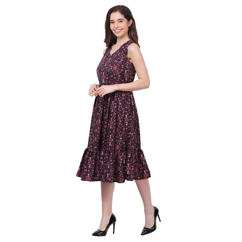 Image of Women's Crepe A-Line Knee Length Dress | Western Sleeveless Dress for Girls | Flared Frock | Frill Midi | Knee Gown