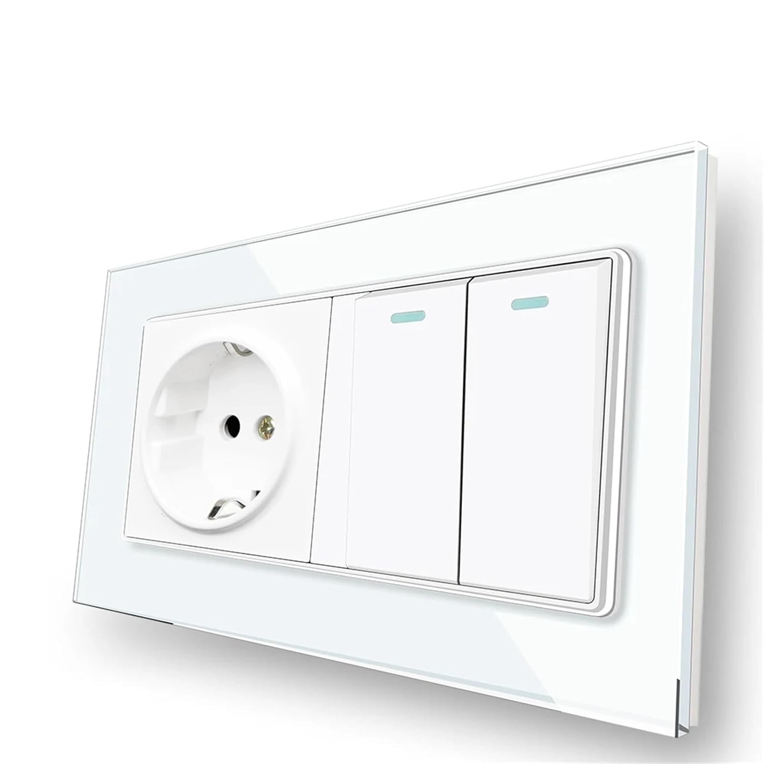 16A Wall Light Switch,2 Gang 2Way / 1Way Push Button on-Off, White Tempered Crystal Glass Panel, EU Standard Power Socket(Black)